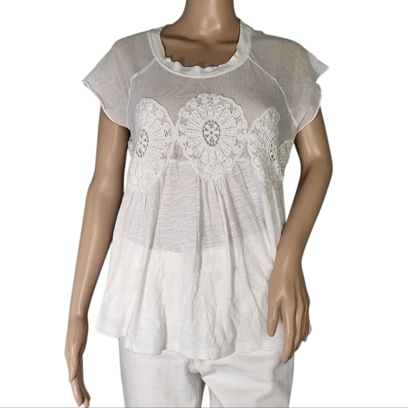 Meadow Rue Tops - Meadow Rue Mesh Embroidered Blouse Top Short Raglan Sleeve Round Neck Modal